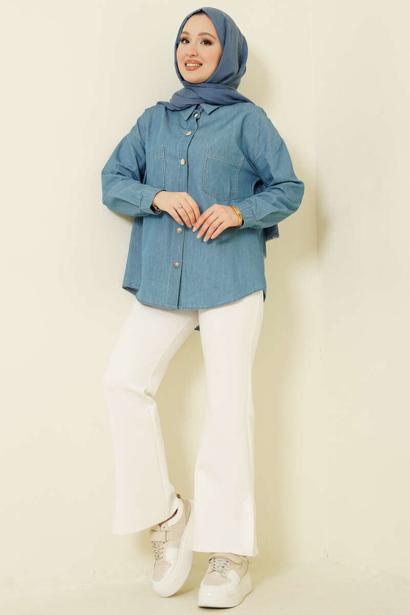 Denim Shirt with Two Pockets and Metal Buttons - Blue