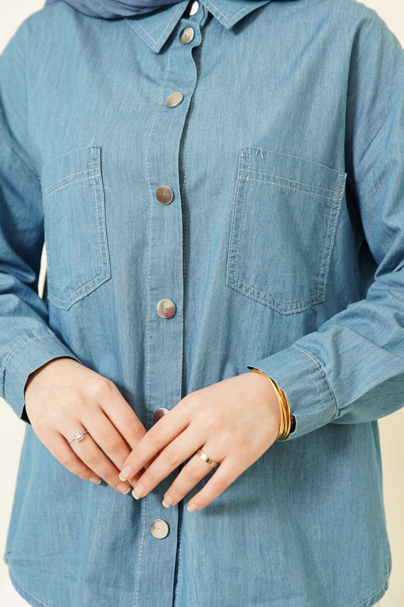 Denim Shirt with Two Pockets and Metal Buttons - Blue