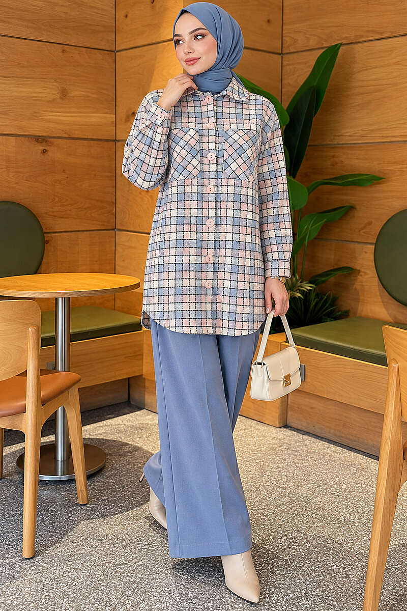 Oversized Lumberjack Shirt with Two Pockets - Blue