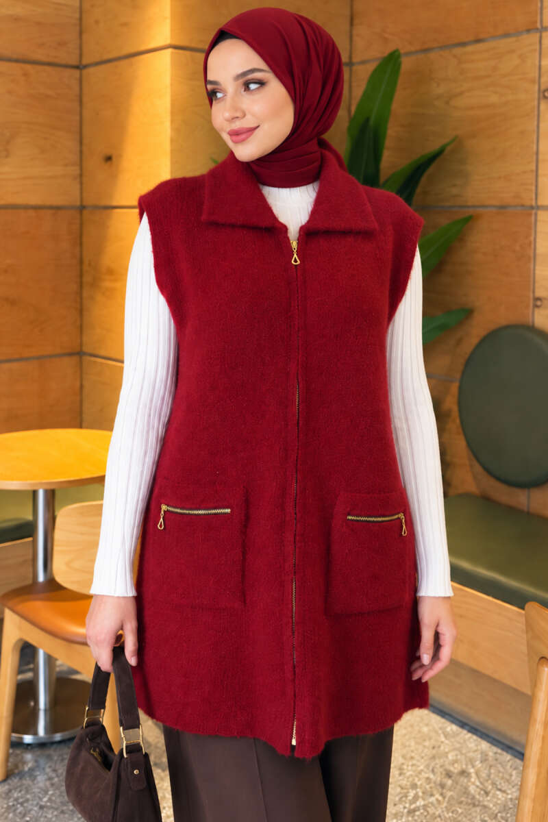 Brushed Vest with Two Pockets - Burgundy