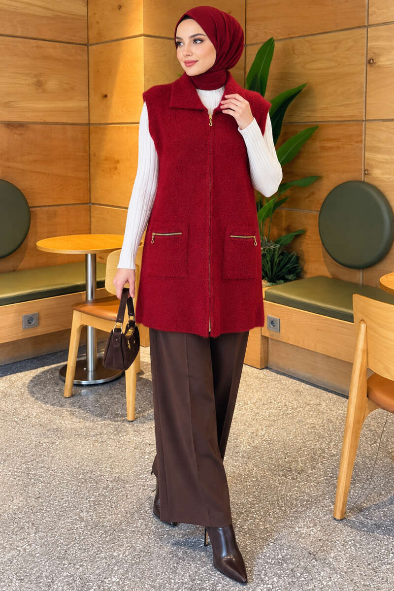 Brushed Vest with Two Pockets - Burgundy