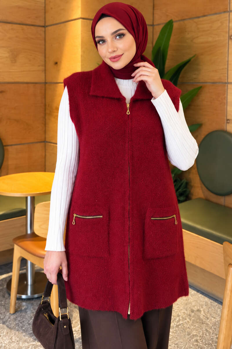 Brushed Vest with Two Pockets - Burgundy