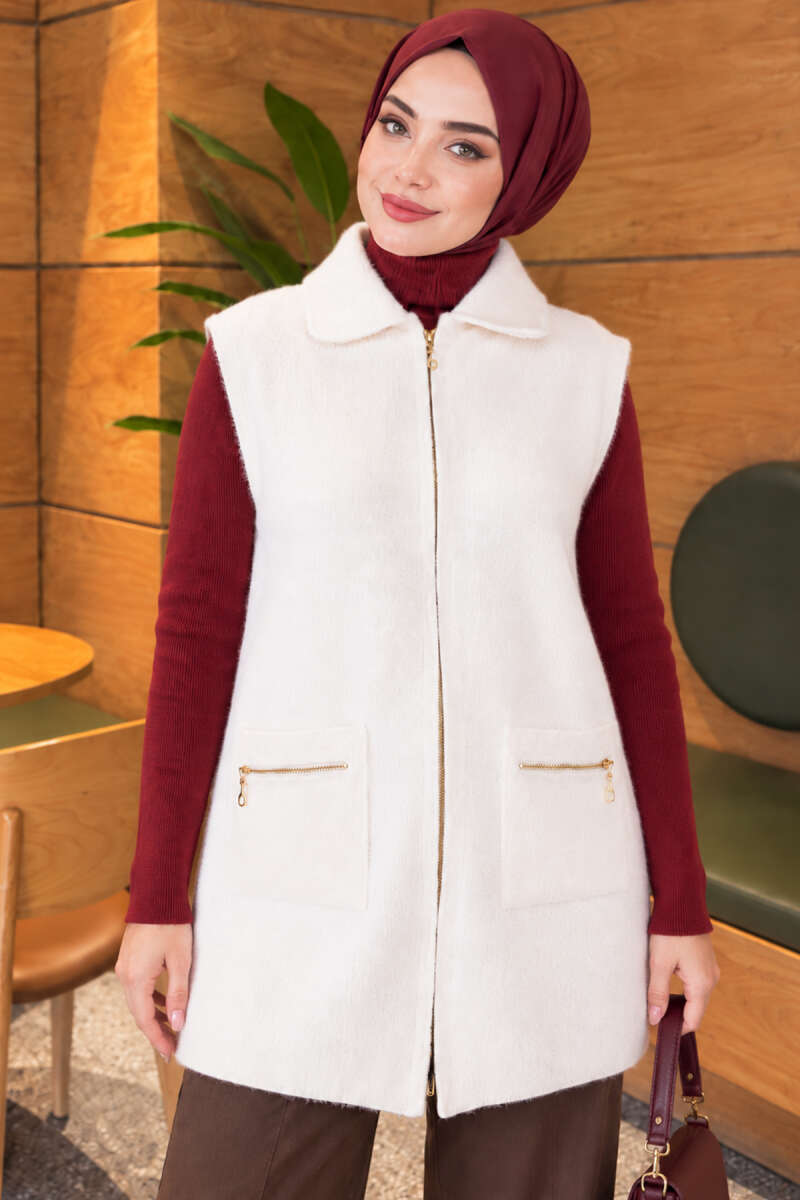Brushed Vest with Two Pockets - Ecru