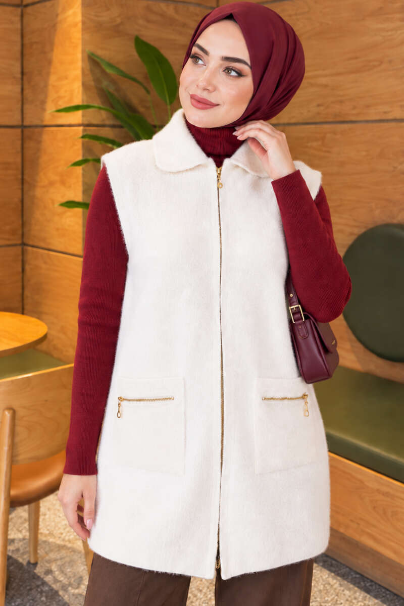 Brushed Vest with Two Pockets - Ecru