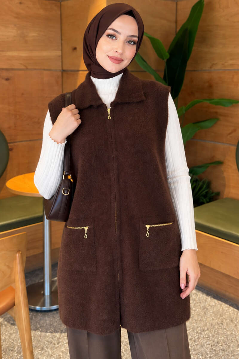 Brushed Vest with Two Pockets - Brown