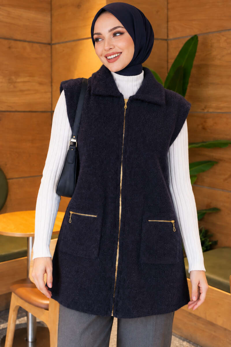 Brushed Vest with Two Pockets - Navy