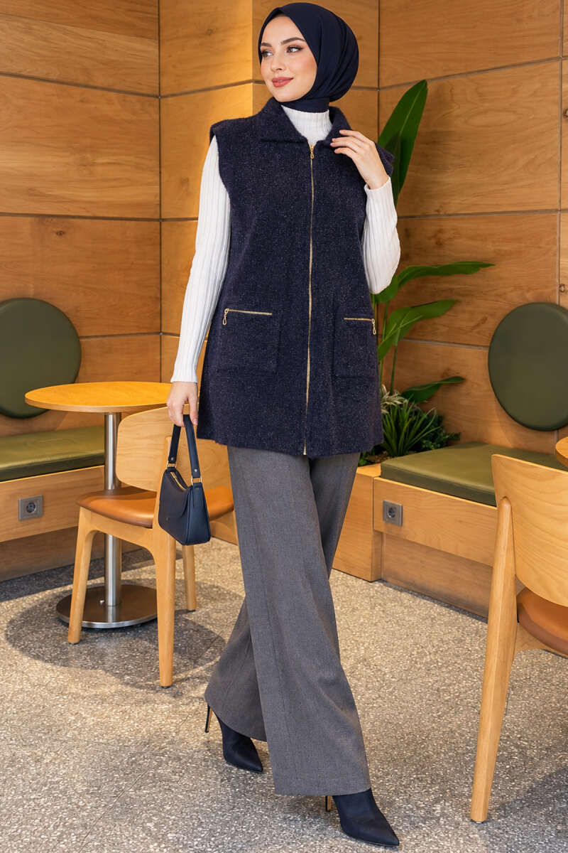 Brushed Vest with Two Pockets - Navy