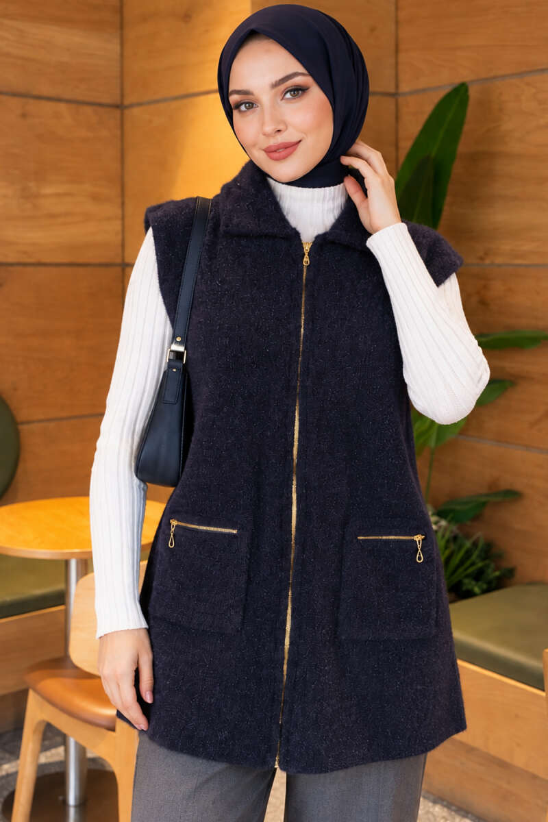 Brushed Vest with Two Pockets - Navy