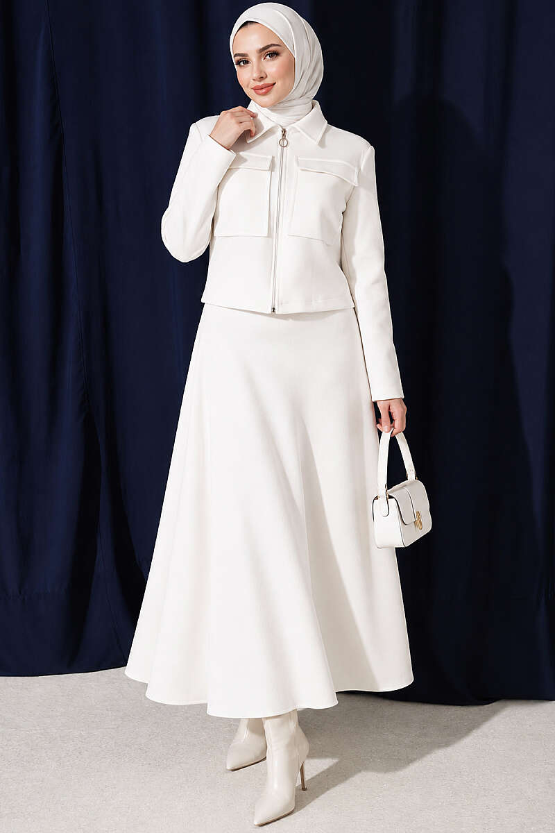 Scuba Skirt Two-Piece Set with Pockets - White