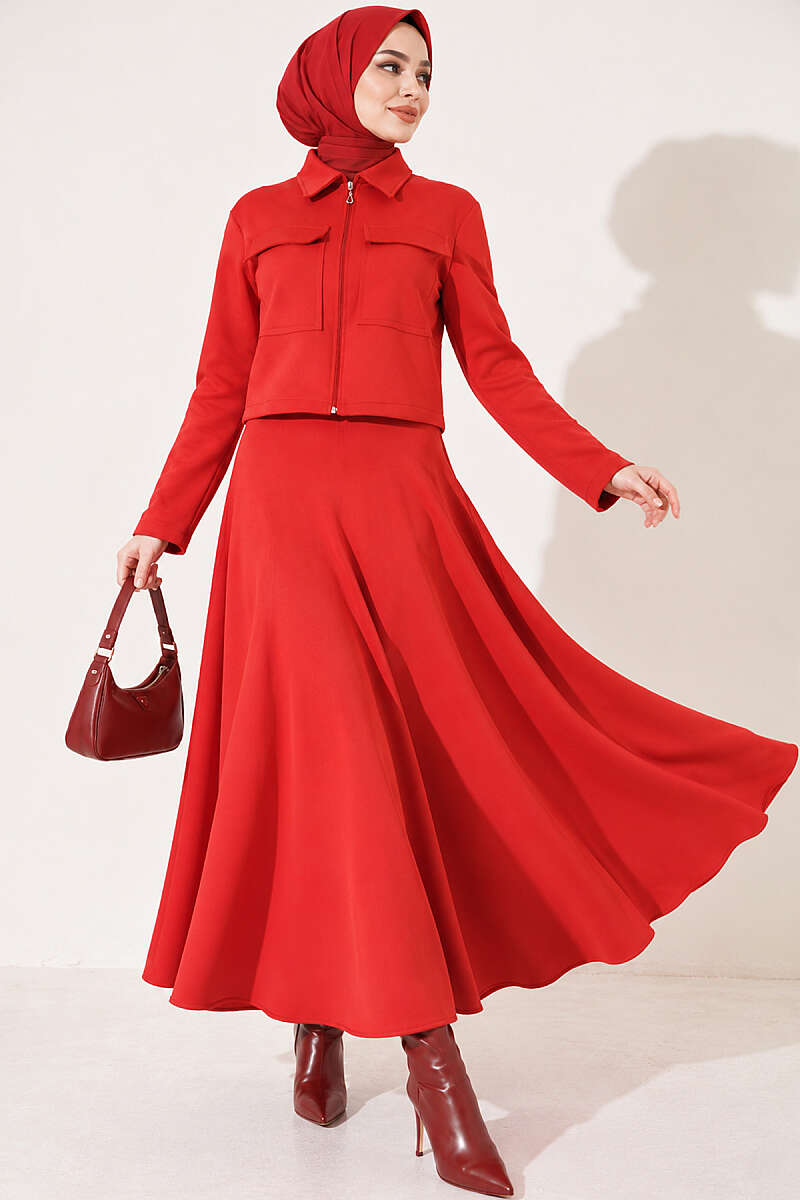 Scuba Skirt Two-Piece Set with Pockets - Red