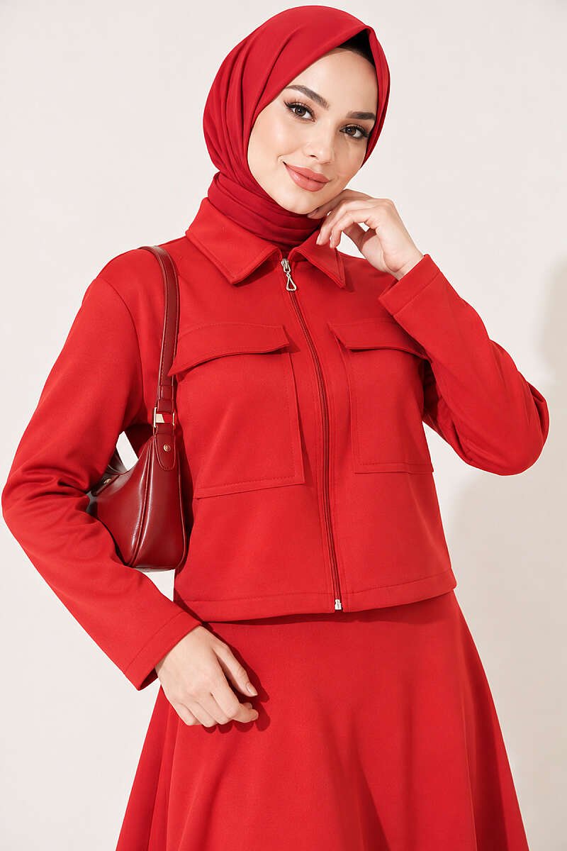 Scuba Skirt Two-Piece Set with Pockets - Red