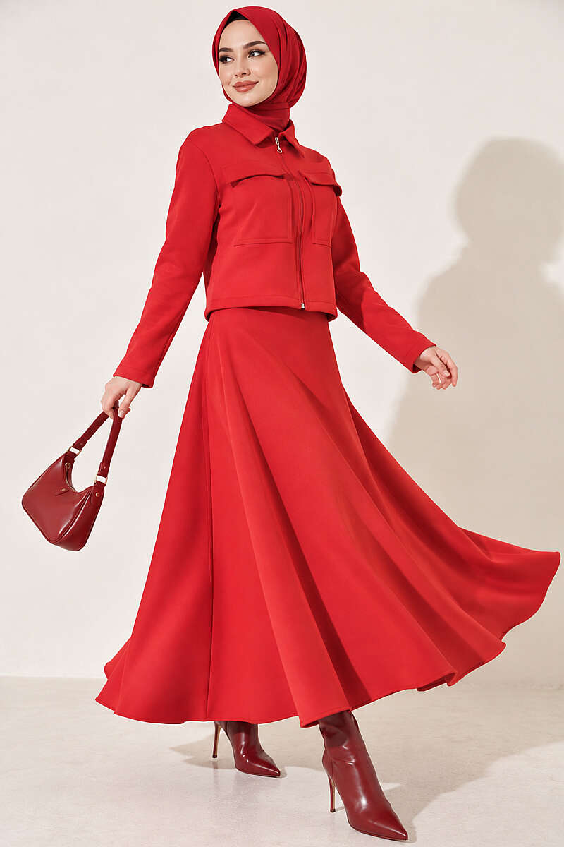 Scuba Skirt Two-Piece Set with Pockets - Red