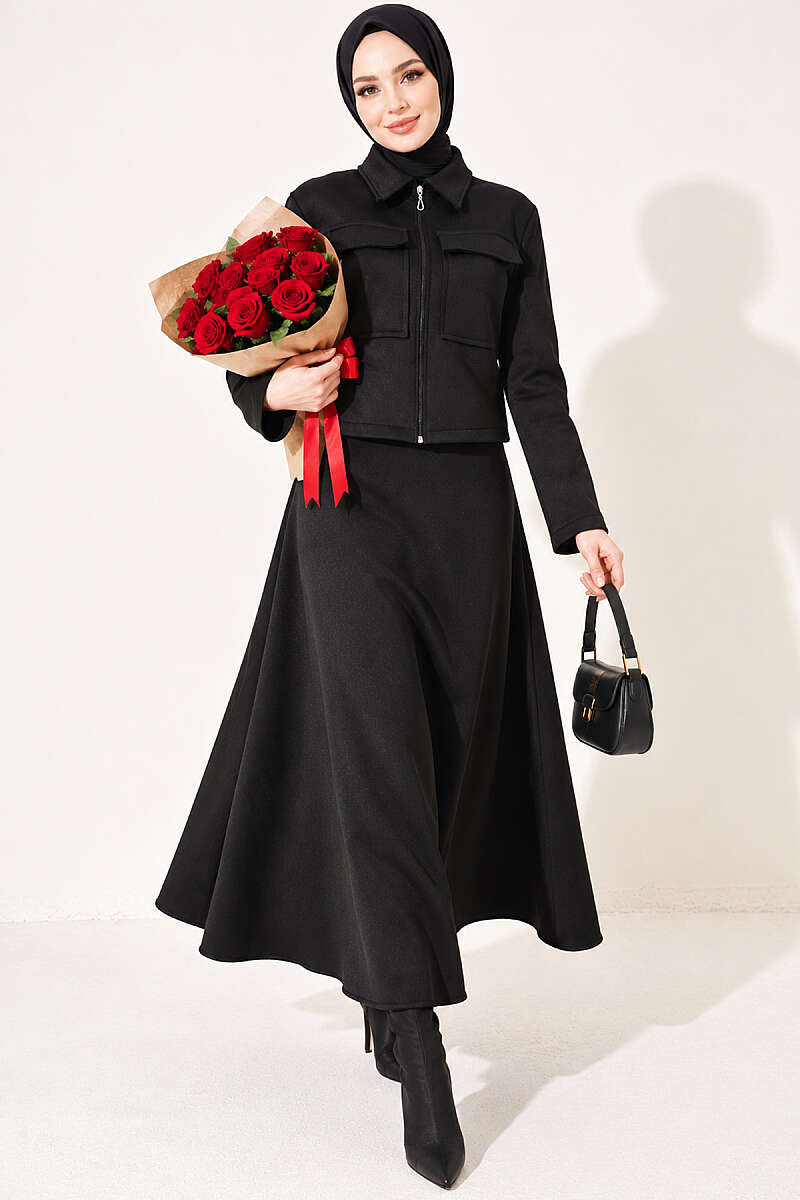 Scuba Skirt Two-Piece Set with Pockets - Black