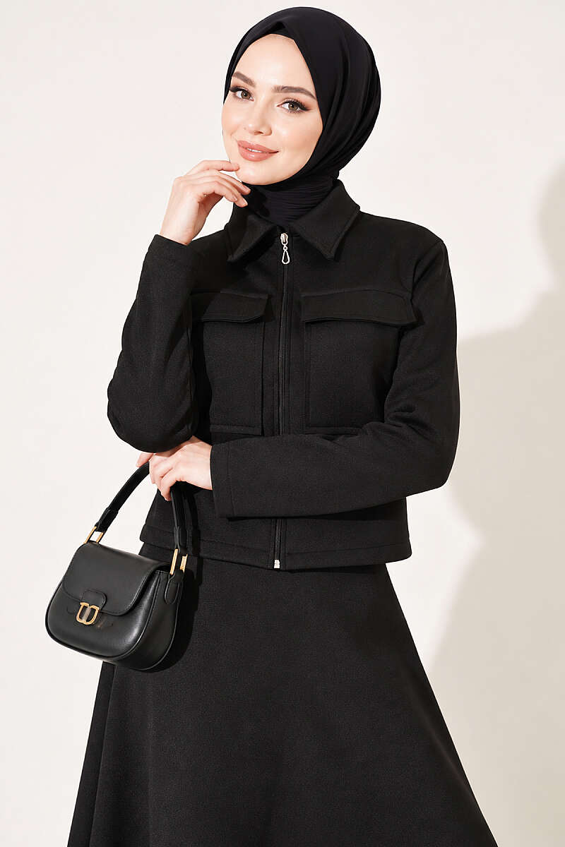 Scuba Skirt Two-Piece Set with Pockets - Black