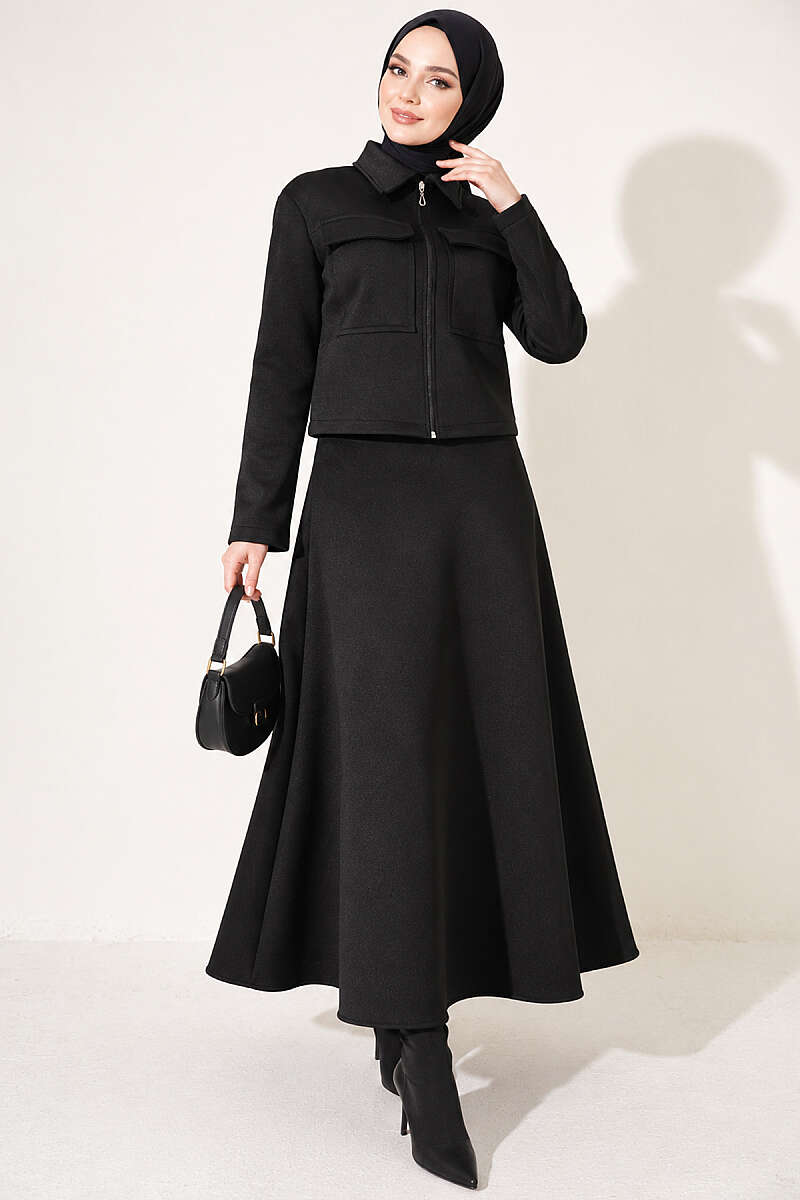 Scuba Skirt Two-Piece Set with Pockets - Black