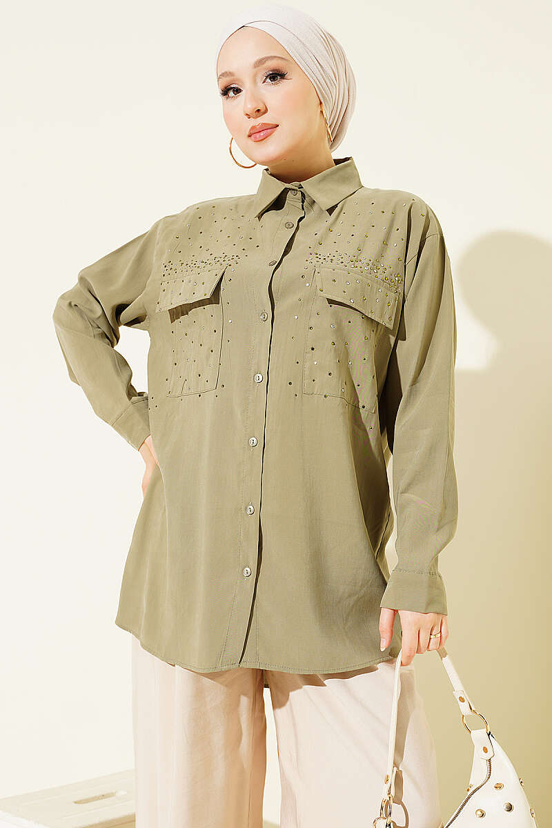 Tencel Shirt with Two Pockets and Stones - Khaki