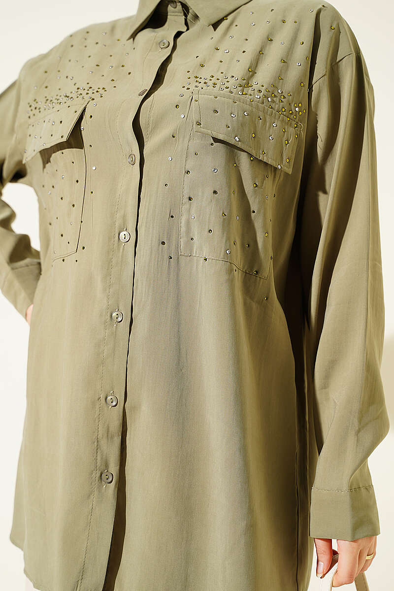 Tencel Shirt with Two Pockets and Stones - Khaki