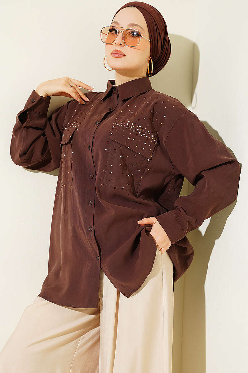 Tencel Shirt with Two Pockets and Stones - Brown