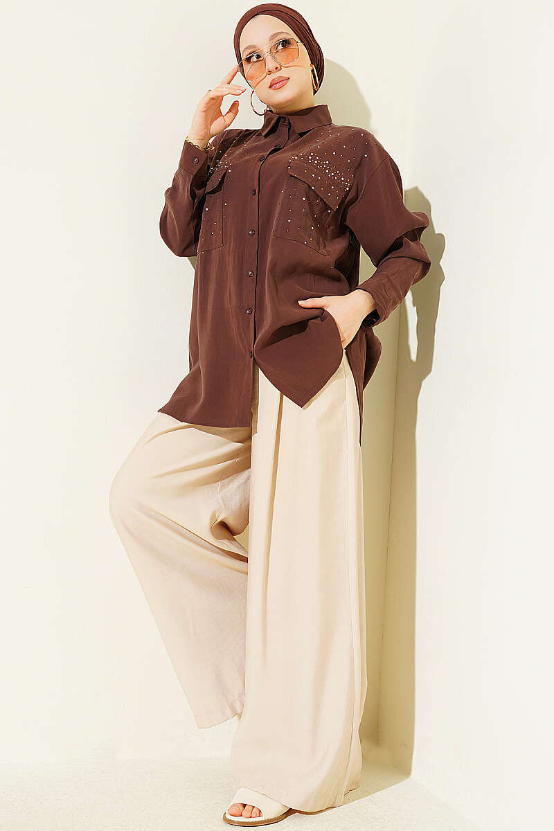 Tencel Shirt with Two Pockets and Stones - Brown