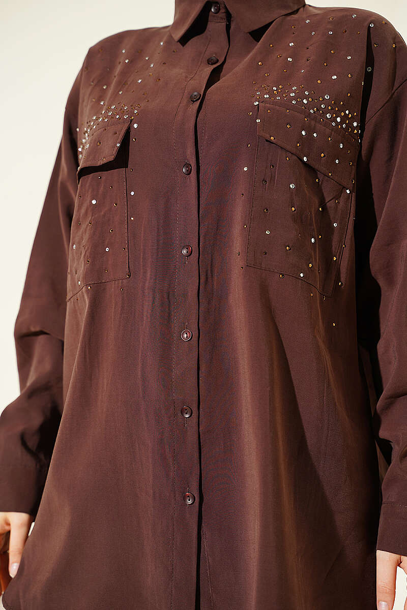 Tencel Shirt with Two Pockets and Stones - Brown