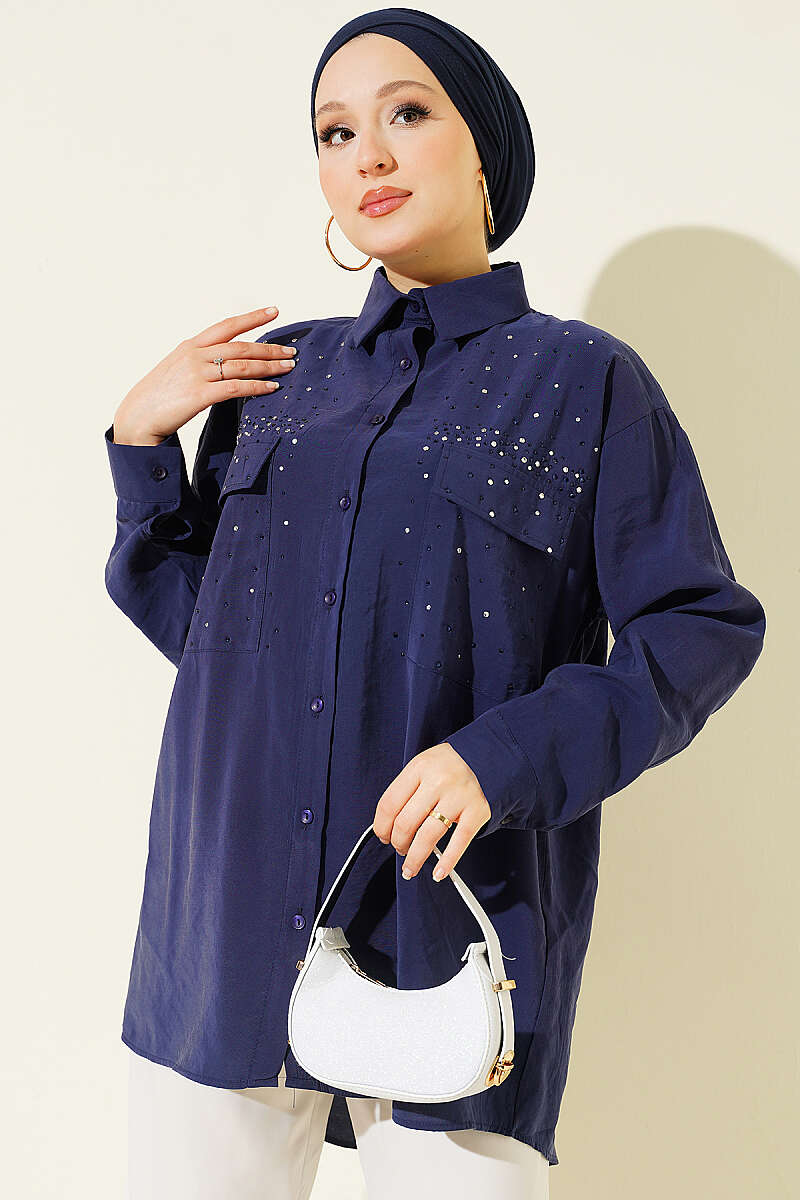 Tencel Shirt with Two Pockets and Stones - Navy
