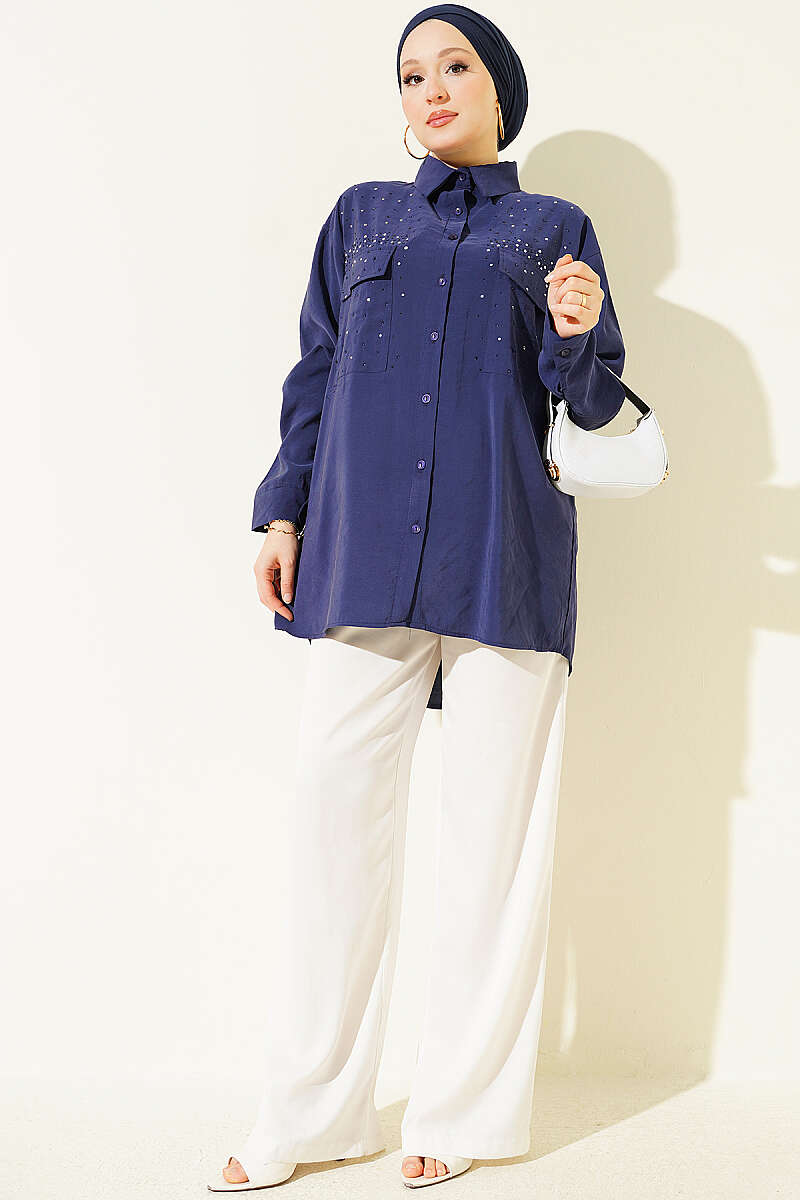 Tencel Shirt with Two Pockets and Stones - Navy