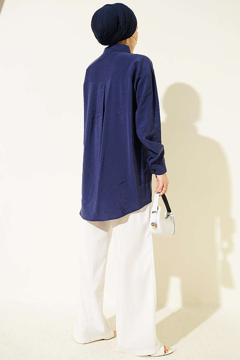 Tencel Shirt with Two Pockets and Stones - Navy