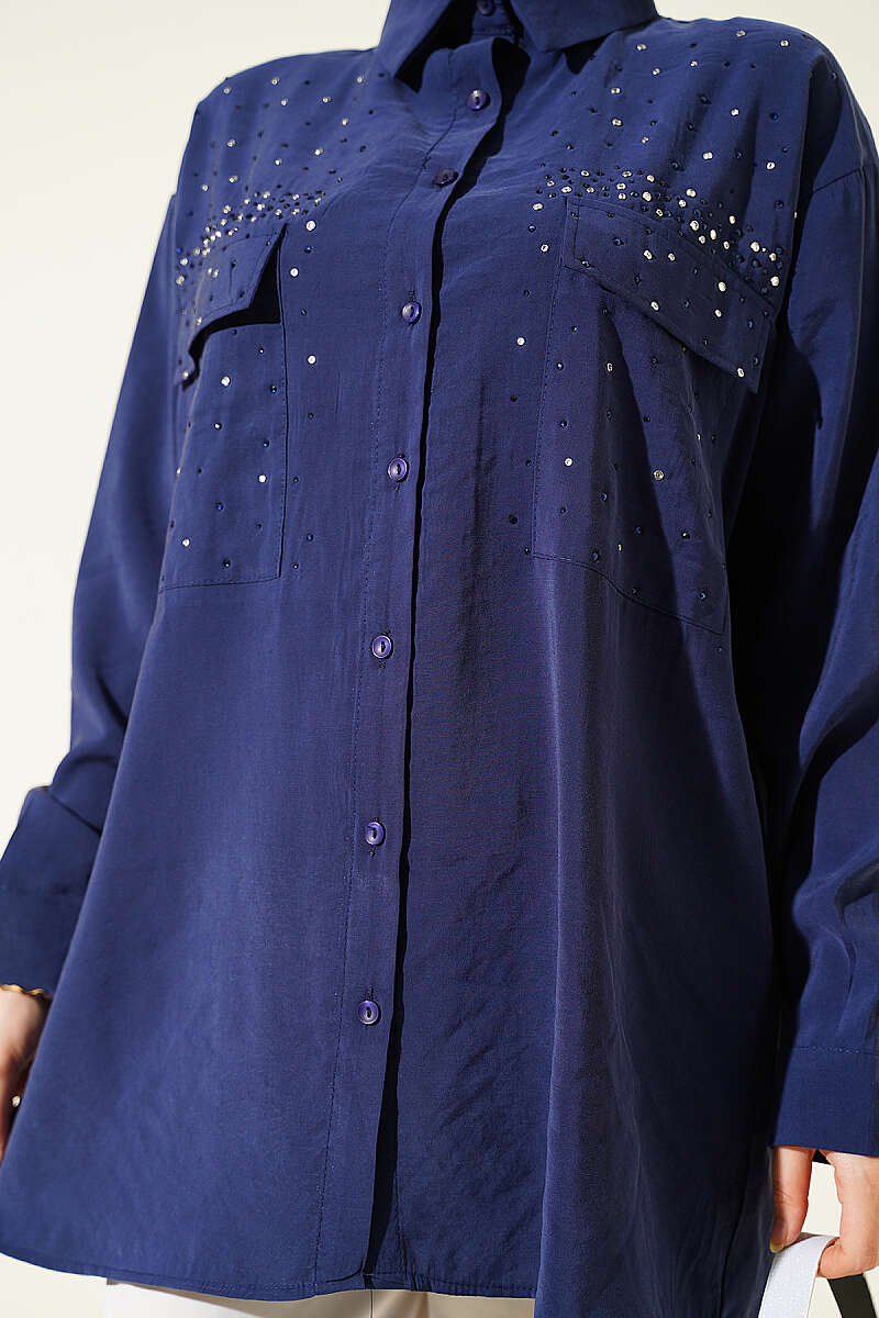Tencel Shirt with Two Pockets and Stones - Navy