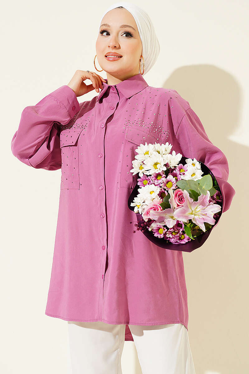 Tencel Shirt with Two Pockets and Stones - Magenta