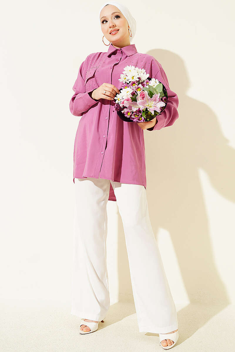 Tencel Shirt with Two Pockets and Stones - Magenta