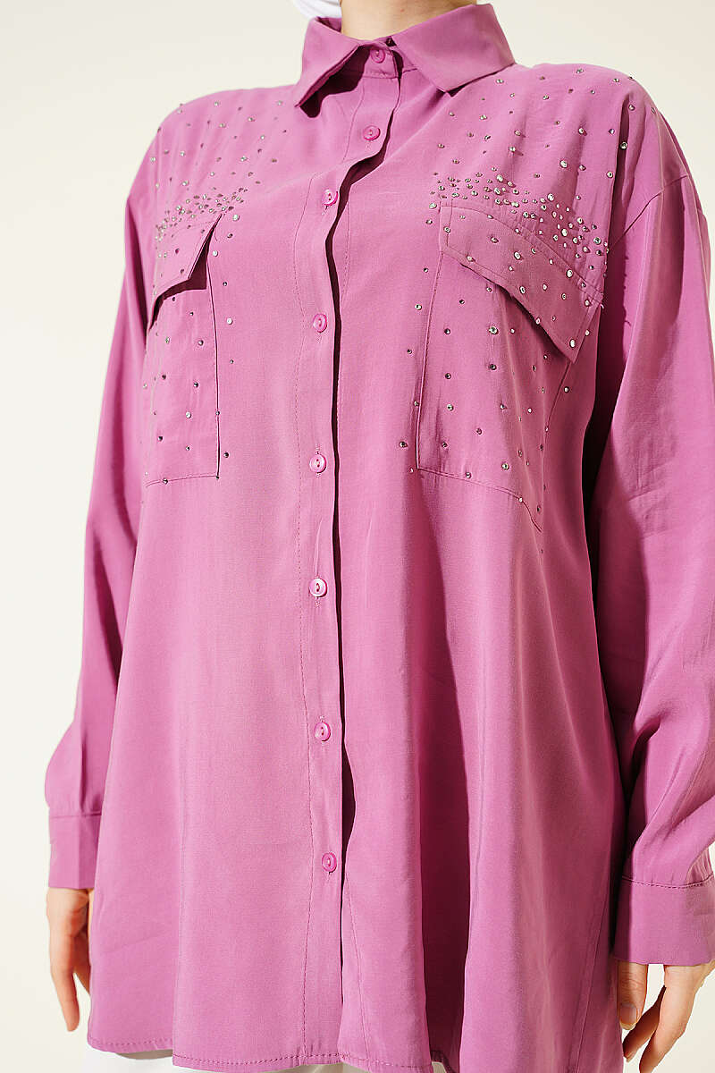 Tencel Shirt with Two Pockets and Stones - Magenta