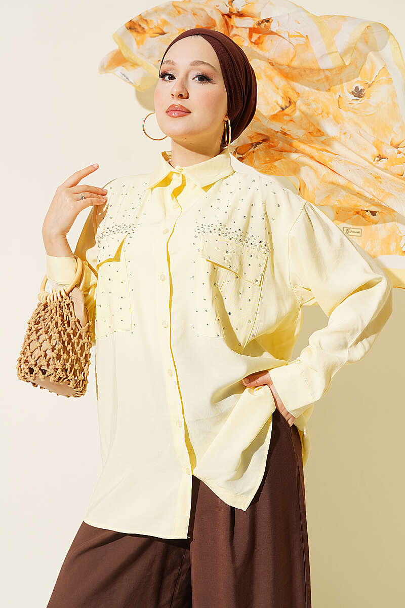 Tencel Shirt with Two Pockets and Stones - Yellow