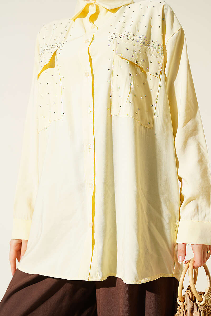 Tencel Shirt with Two Pockets and Stones - Yellow