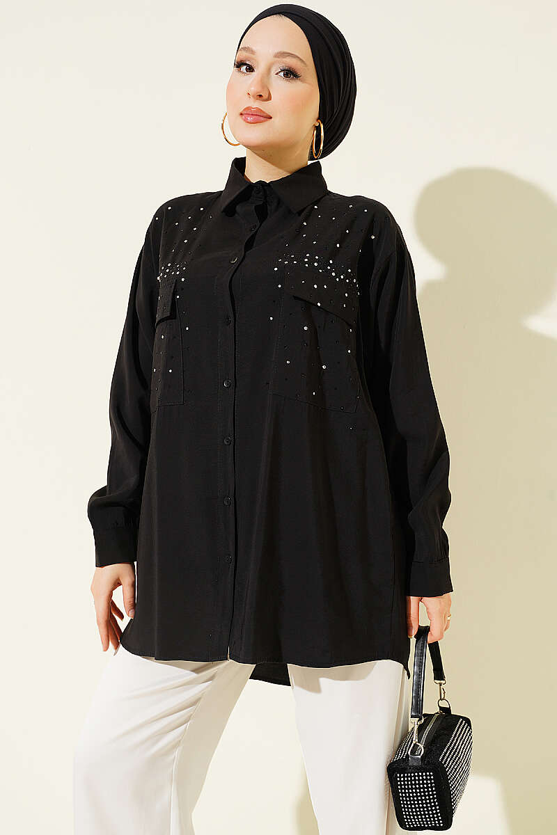 Tencel Shirt with Two Pockets and Stones - Black