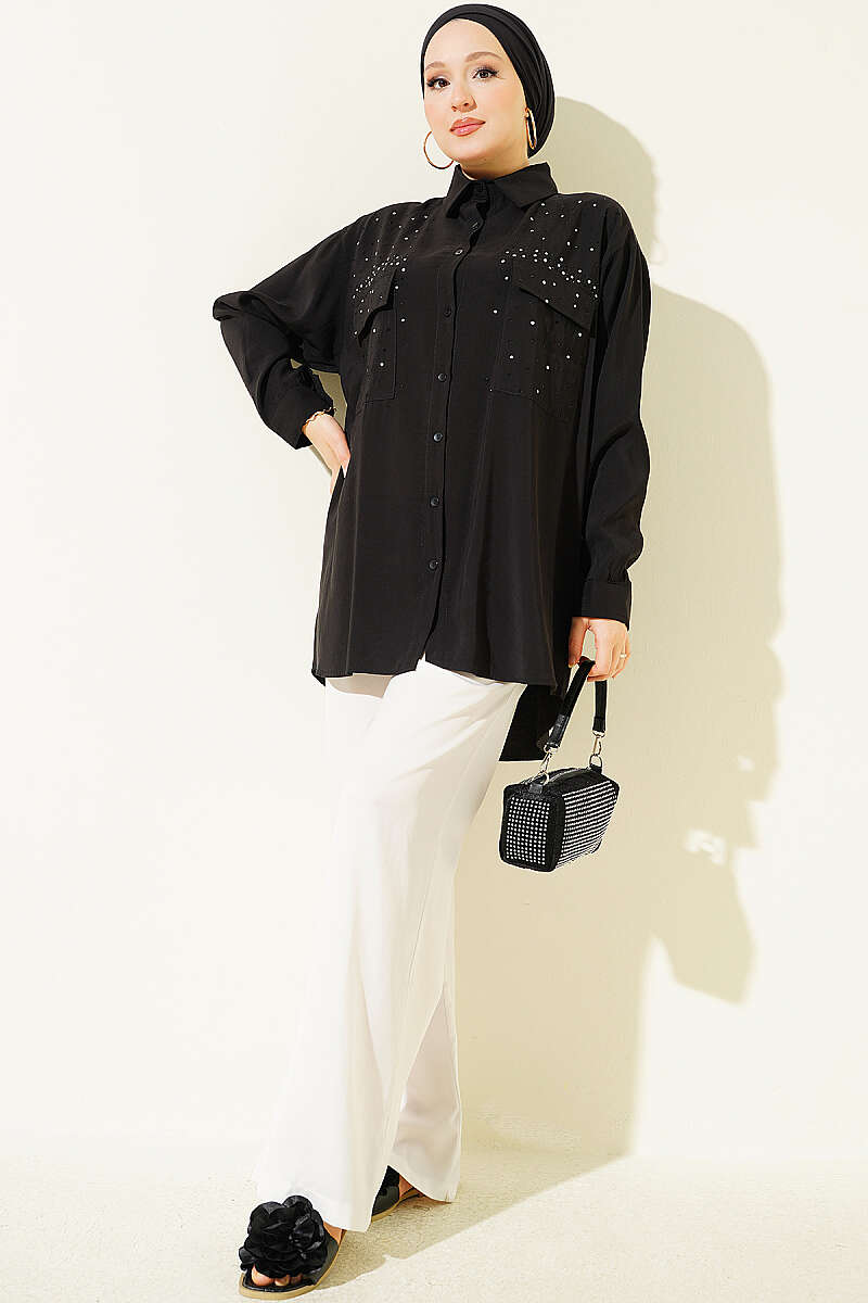 Tencel Shirt with Two Pockets and Stones - Black