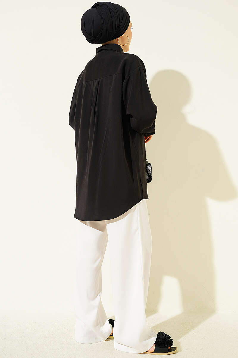 Tencel Shirt with Two Pockets and Stones - Black