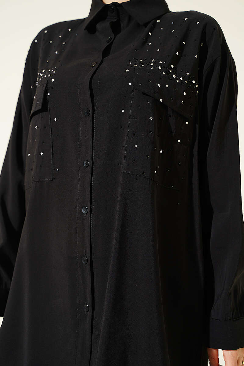 Tencel Shirt with Two Pockets and Stones - Black