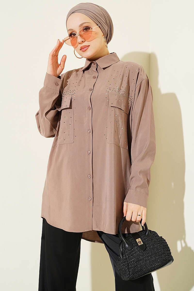 Tencel Shirt with Two Pockets and Stones - Mink