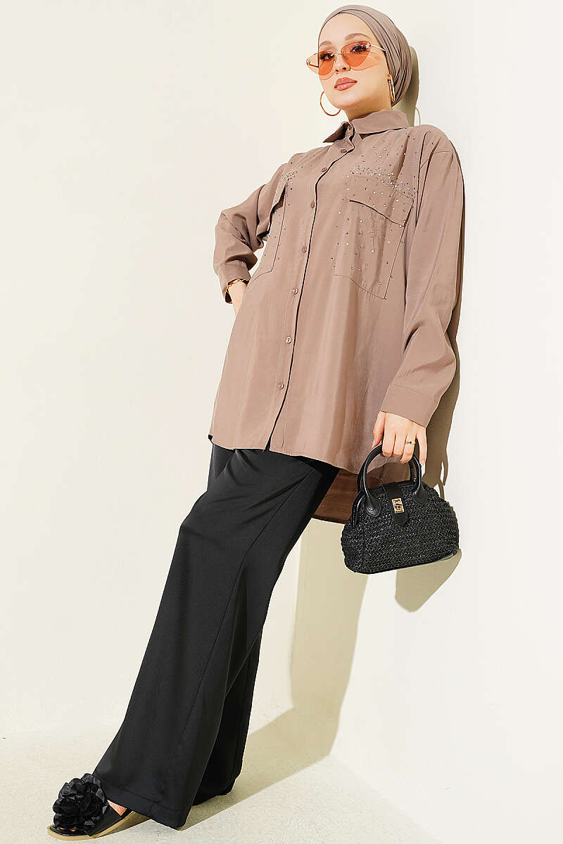 Tencel Shirt with Two Pockets and Stones - Mink