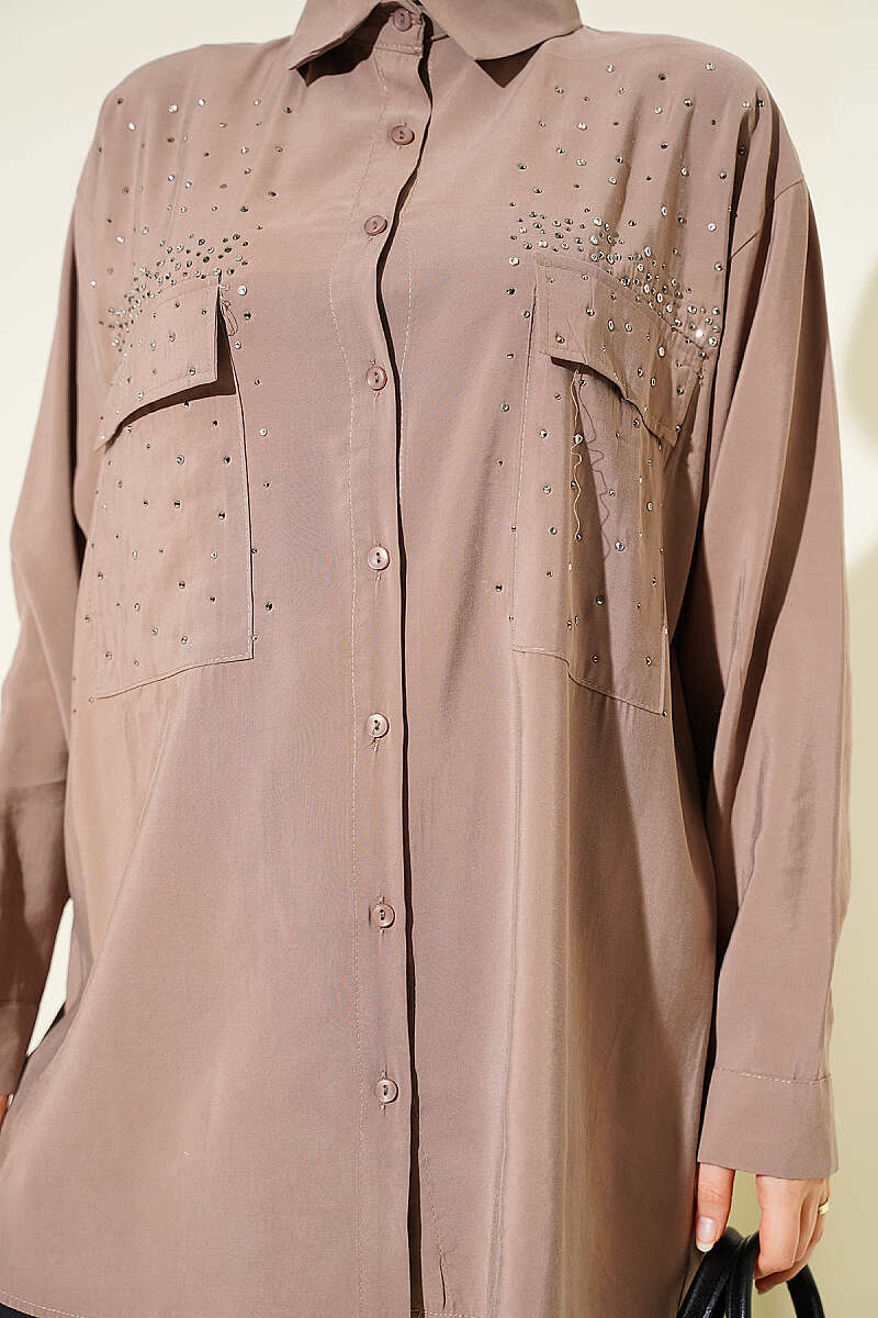 Tencel Shirt with Two Pockets and Stones - Mink