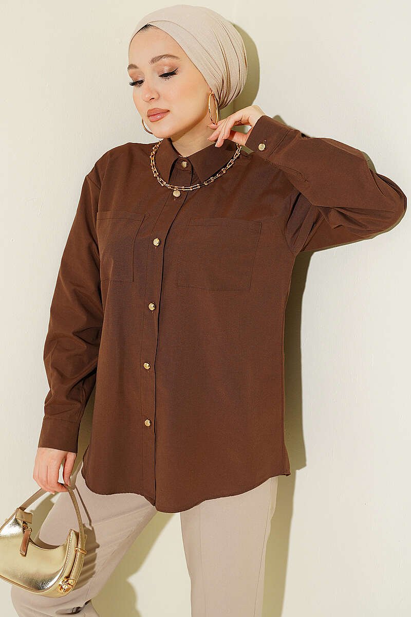 Two-Pocket Polycotton Shirt - Brown