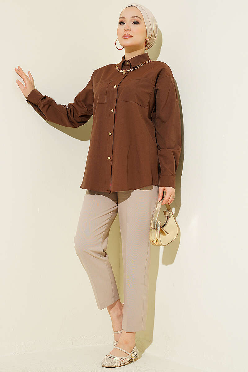 Two-Pocket Polycotton Shirt - Brown