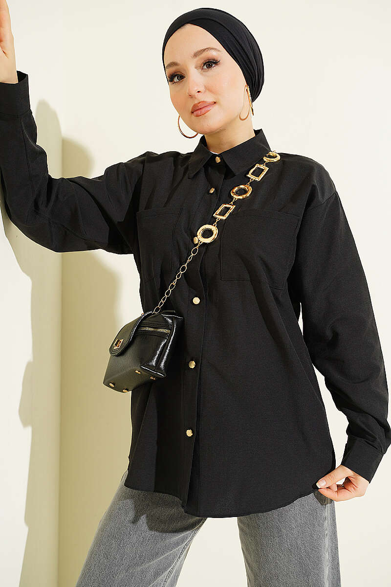 Two-Pocket Polycotton Shirt - Black