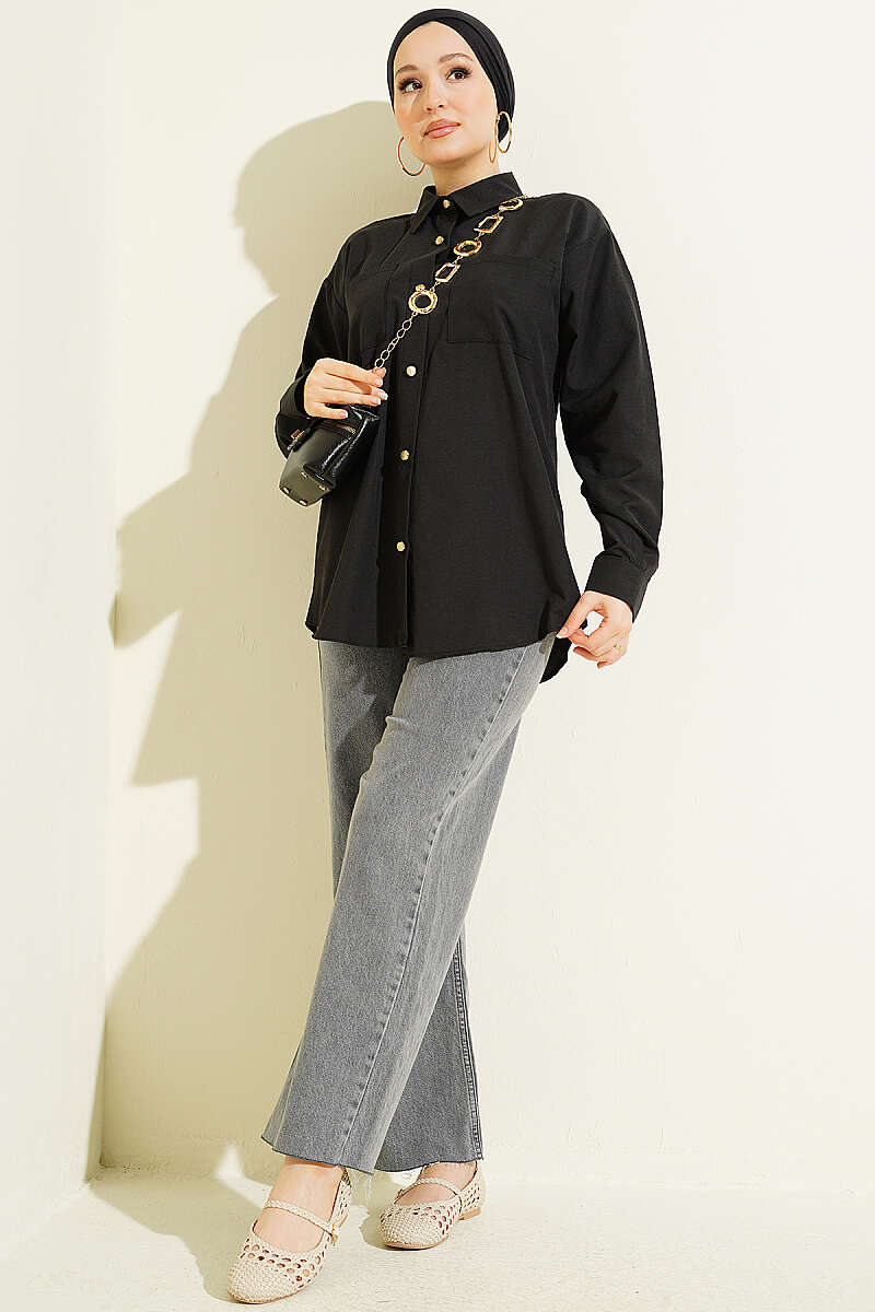 Two-Pocket Polycotton Shirt - Black