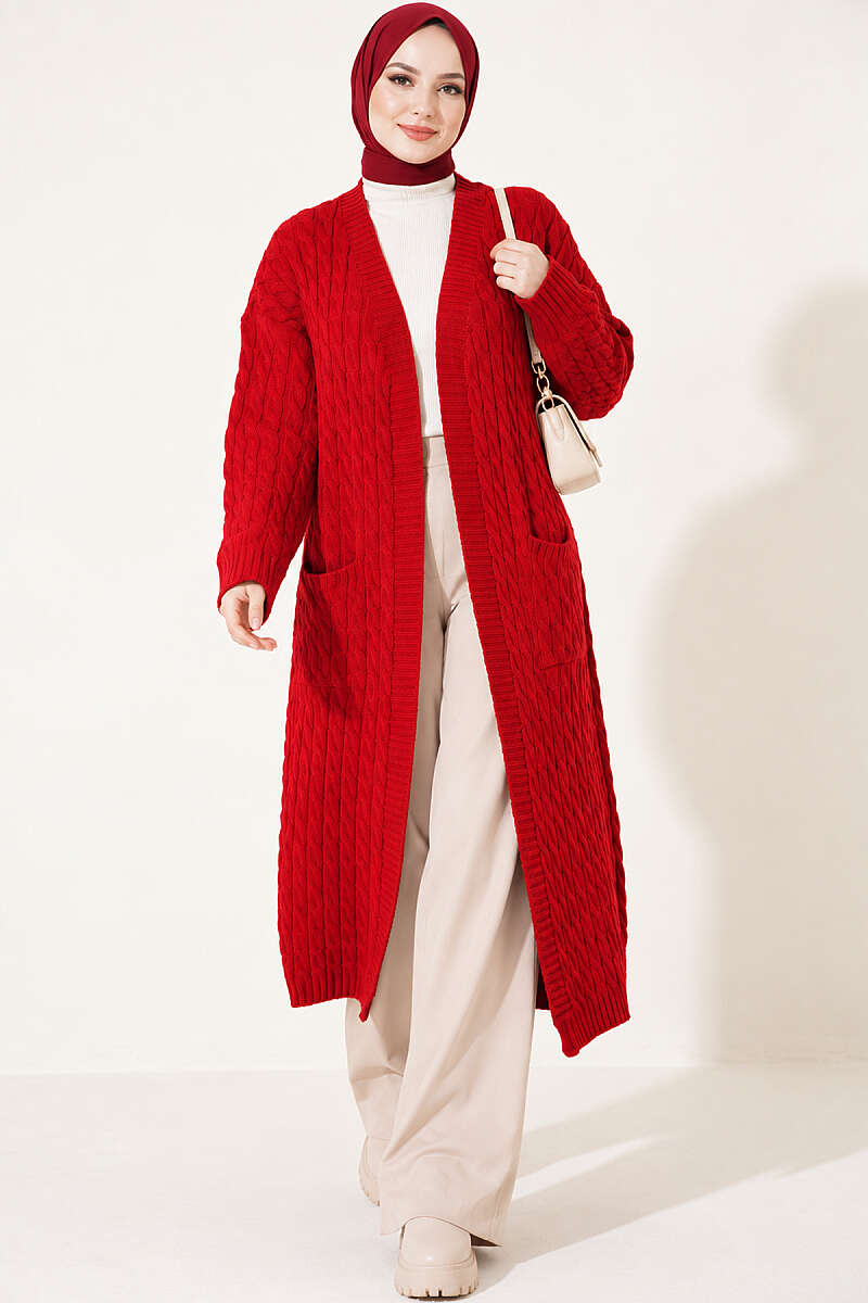 Long Knit Cardigan with Two Pockets - Red