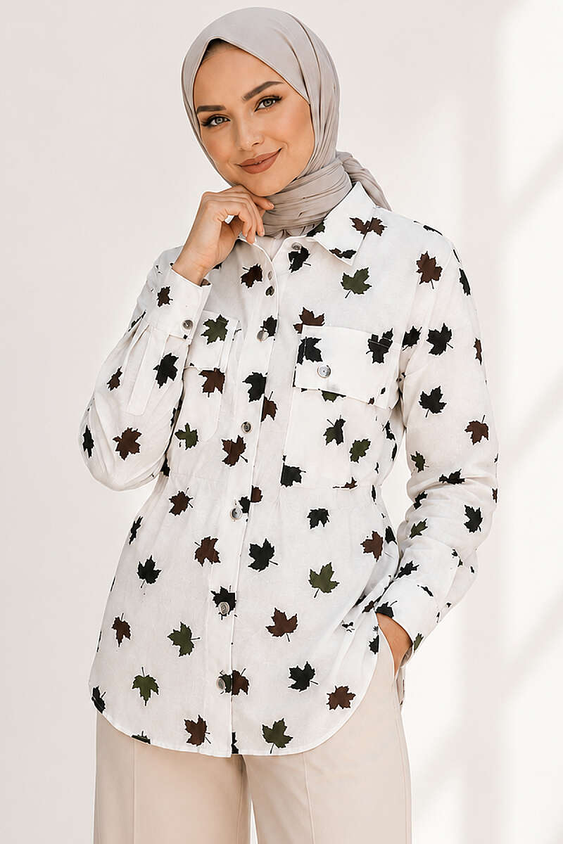 Leaf Print Shirt with Two Pockets - Khaki