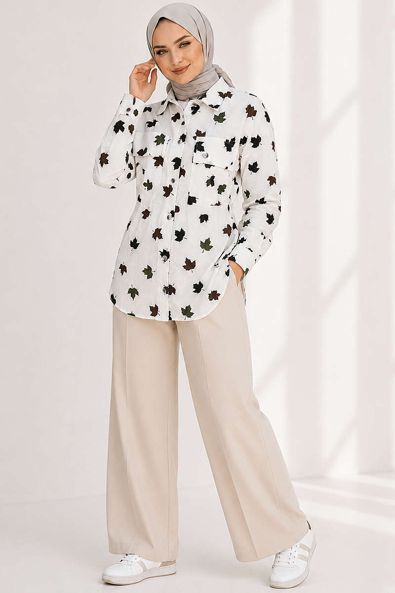 Leaf Print Shirt with Two Pockets - Khaki