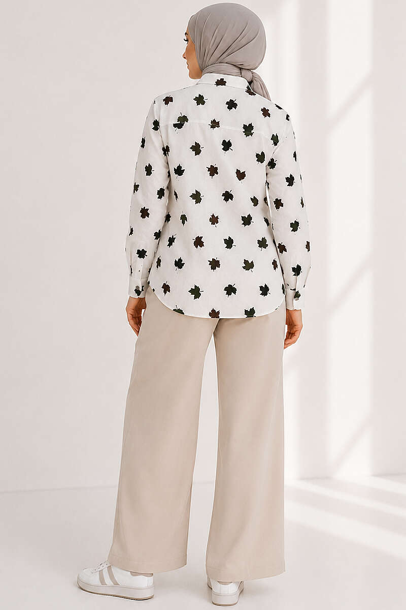 Leaf Print Shirt with Two Pockets - Khaki