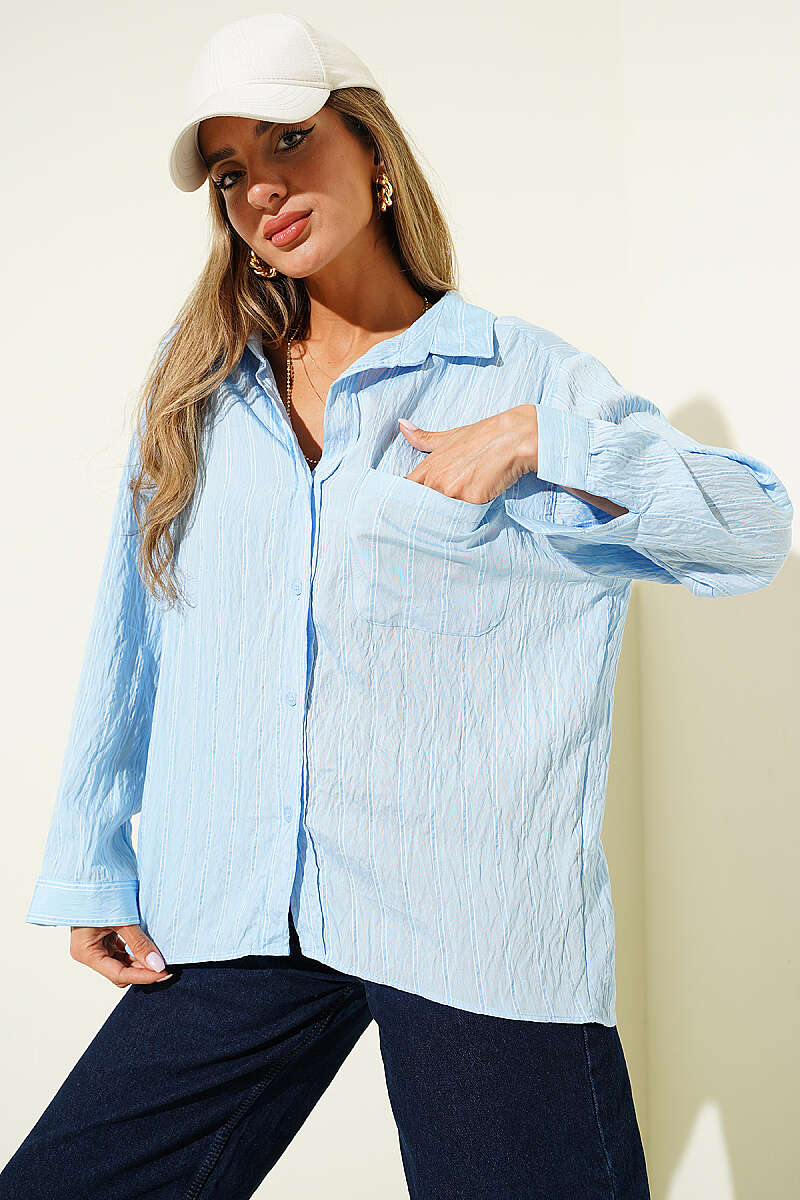Loose Double-Stripe Shirt with Pockets - Blue