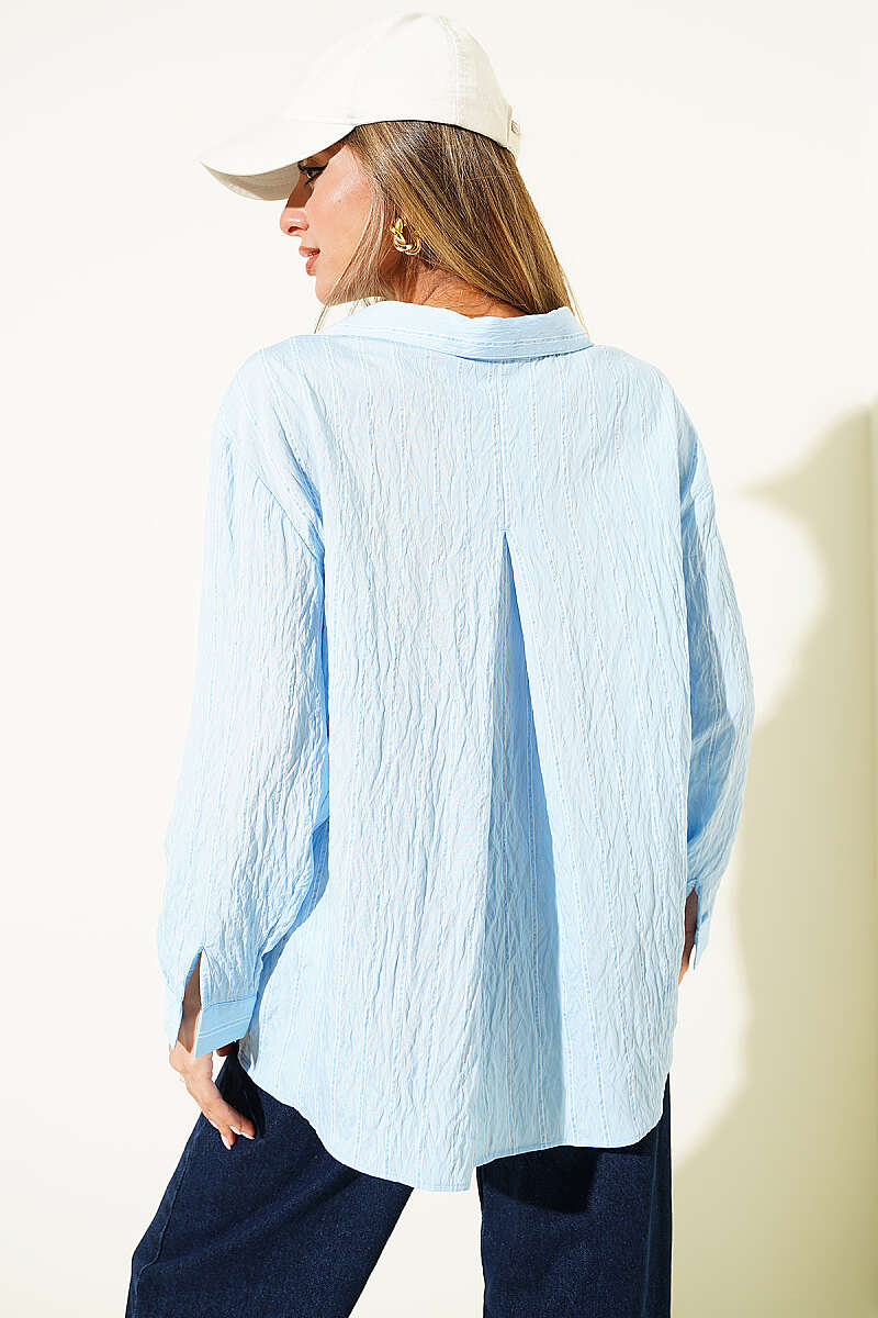 Loose Double-Stripe Shirt with Pockets - Blue